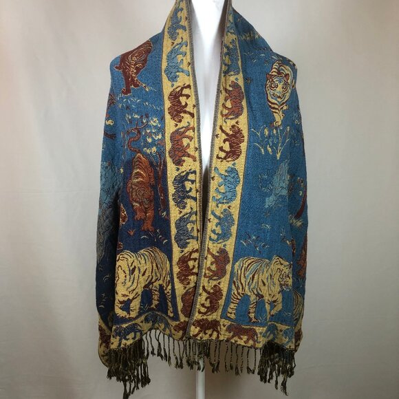 Vintage Wildlife Jacquard Pashmina-Style Shawl – Tigers, Elephants & Birds – Rev - Picture 5 of 16